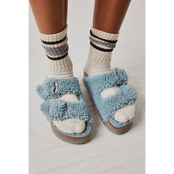 BIRKENSTOCK Arizona Big Buckle Genuine Shearling Slide Sandal in Faded Aqua - Picture 1 of 8